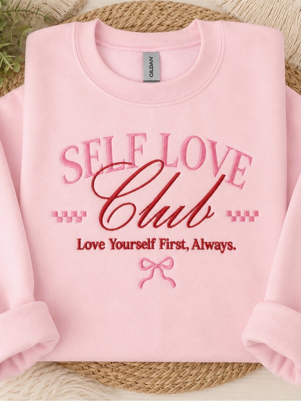 Gildan Pink 'Self Love Club' Embroidered Sweatshirt